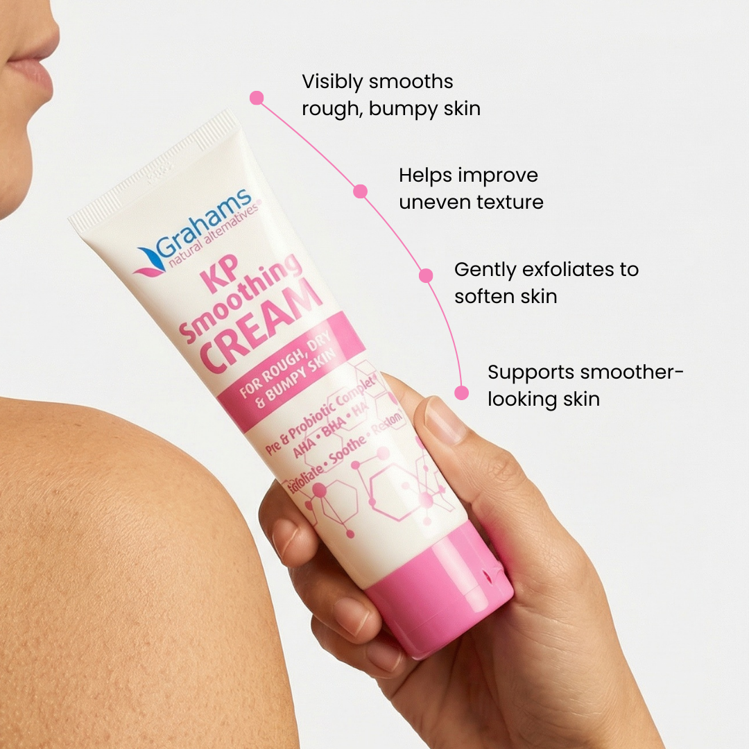 Grahams KP Smoothing Cream tube held by a hand with product features listed.